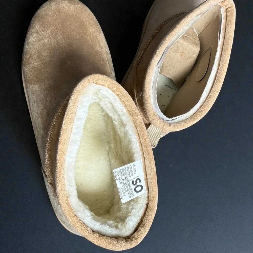 SO Goods for Life Womens Mini Ankle Boots Tan Faux Suede Faux Fur Lined Size 10